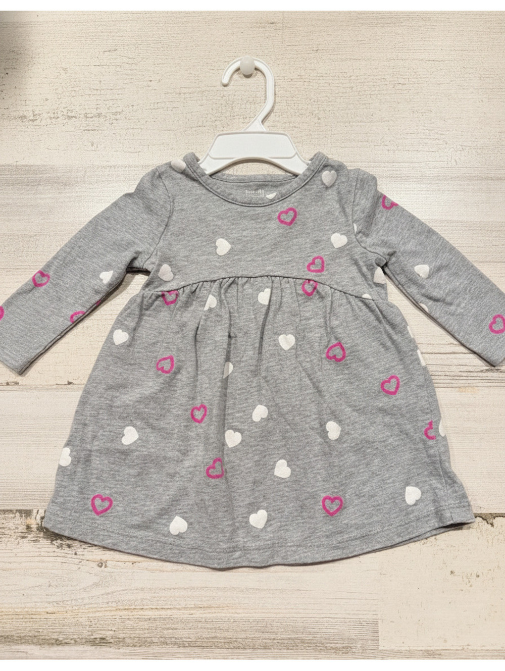 Okie Dokie Baby Girl Heart Print Dress 6M Gray Pink Long Sleeve Empire Waist